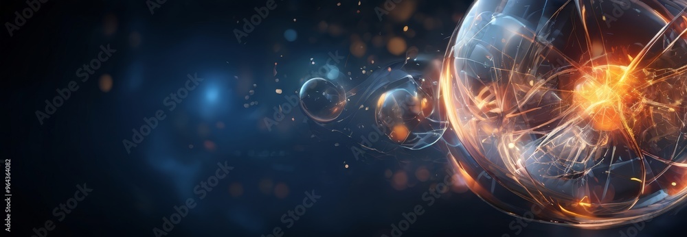 Poster a glass sphere filled with a vibrant mix of orange and blue light, surrounded by a swirling pattern 