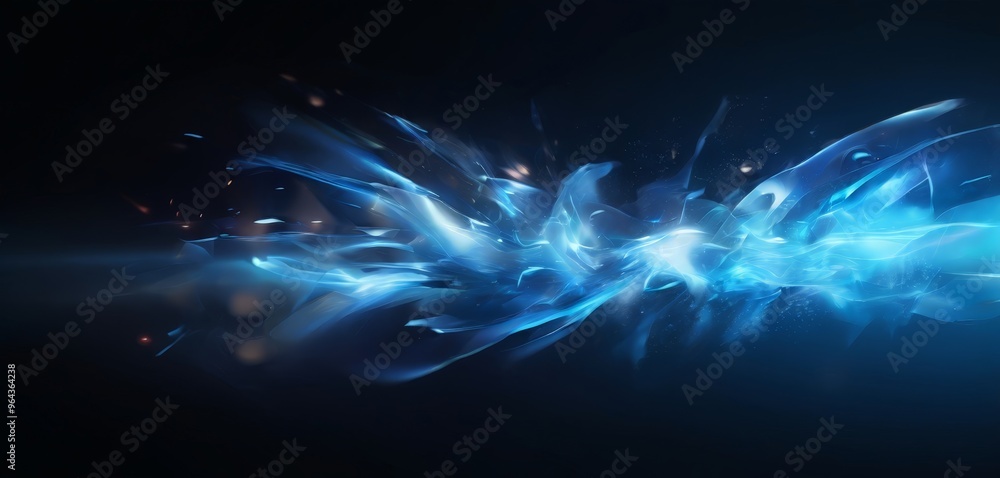 Poster dynamic, abstract representation of blue and white energy, with swirling patterns and shapes that cr