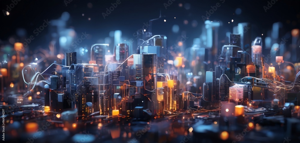 Poster a futuristic cityscape with a dense network of glowing, interconnected buildings and structures, ill