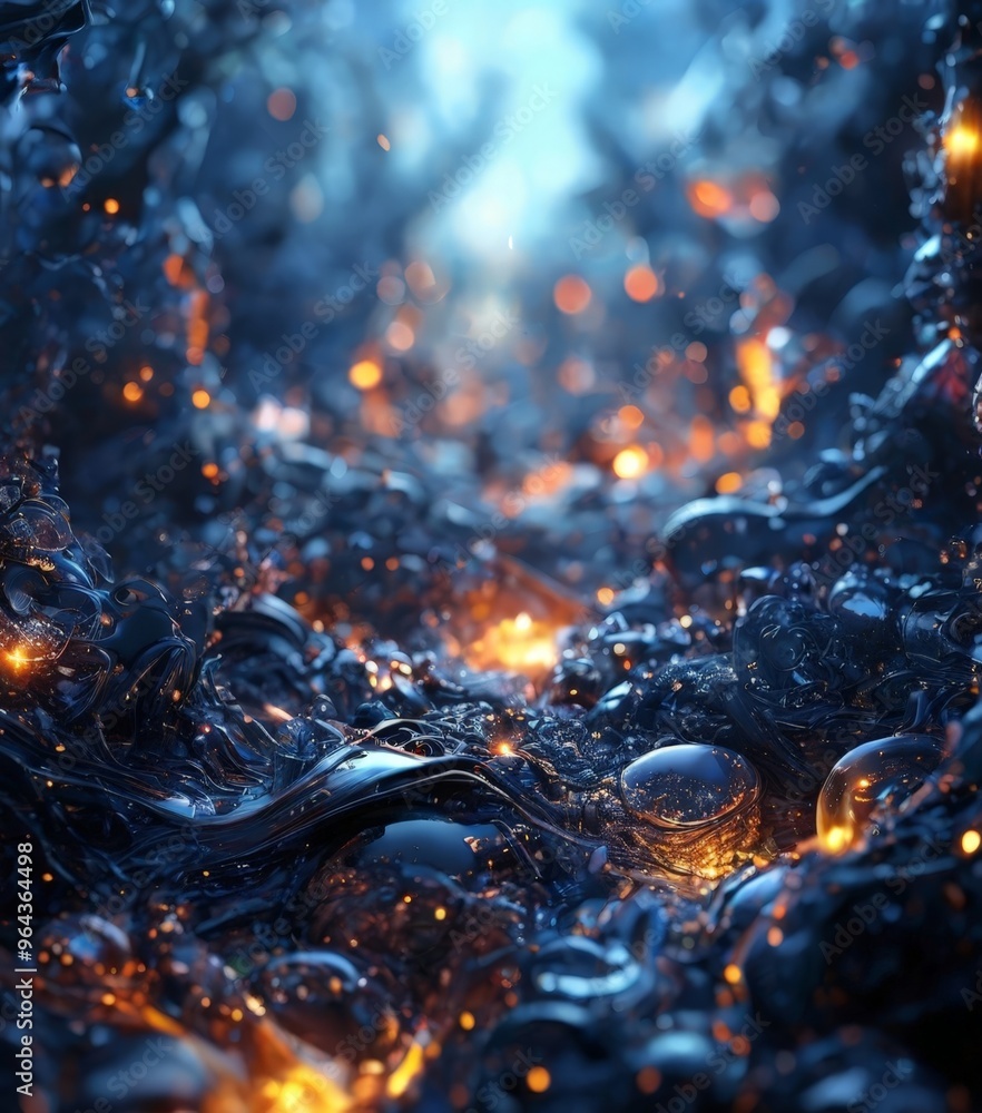 Poster a dense, dark, and mysterious environment filled with glowing, spherical objects that appear to be m