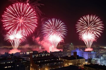 Obraz premium Spectacular Christmas and New Year Fireworks Show Over Stunning City Skyline