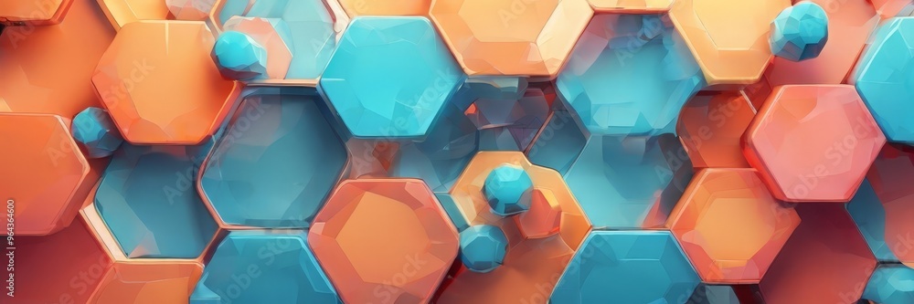 Poster vibrant abstract composition of hexagonal shapes in various shades of orange and blue, arranged in a