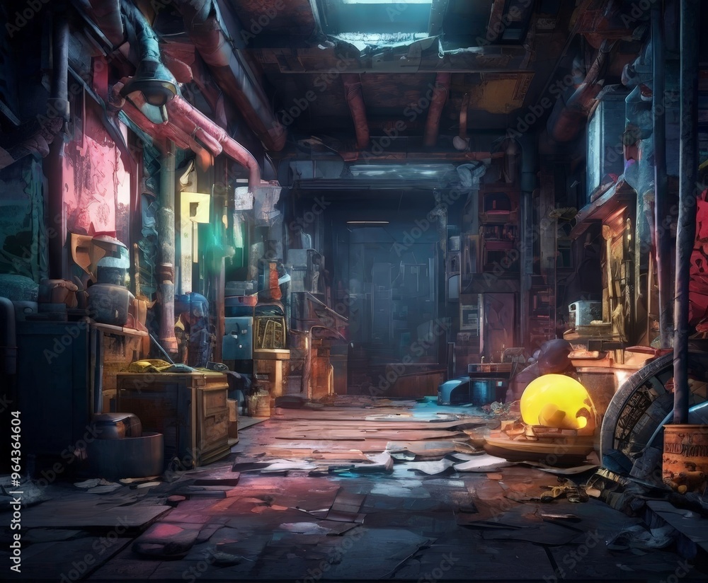 Poster a dimly lit, cluttered alleyway with various objects and debris scattered throughout, creating a sen