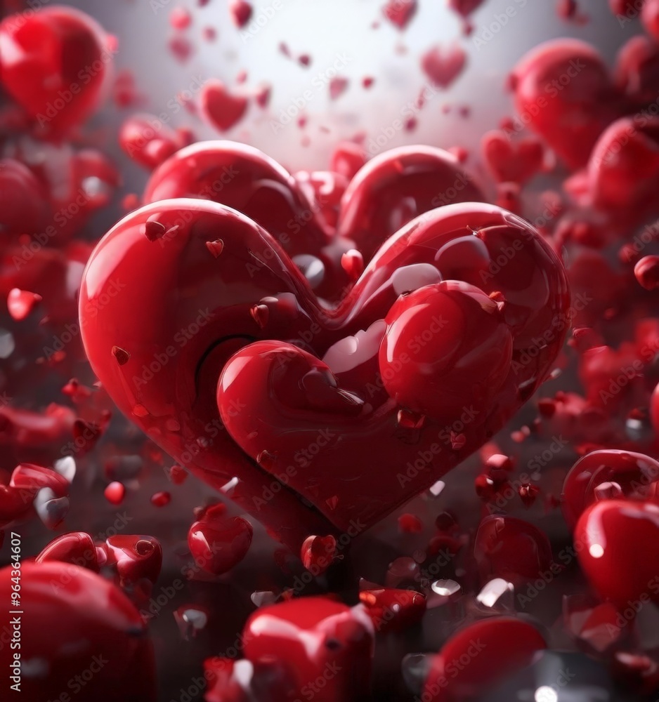 Poster a heart-shaped object surrounded by numerous smaller red heart-shaped objects, creating a visually s