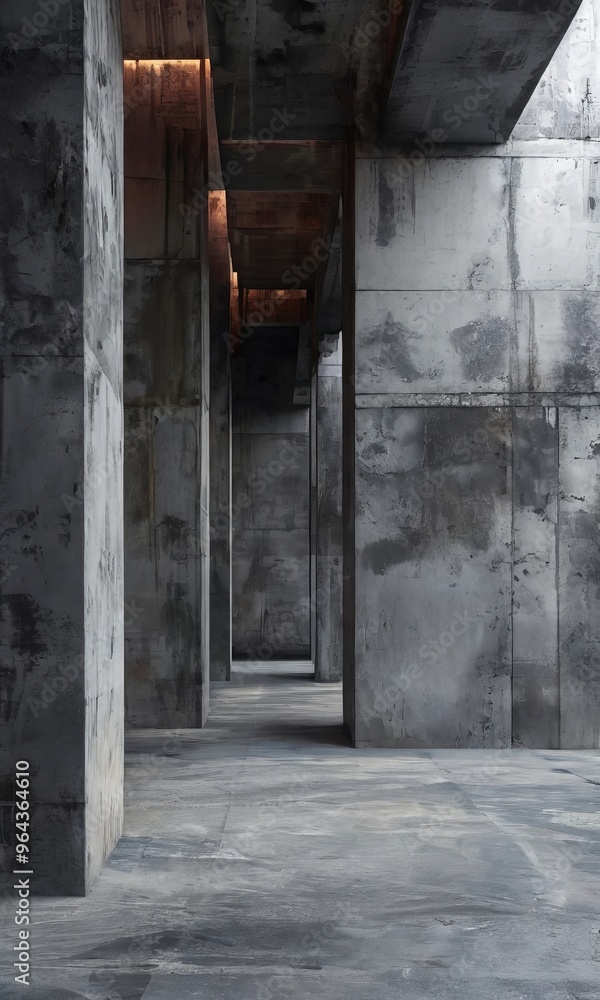 Poster a long, dimly lit corridor with concrete walls and columns, creating a sense of depth and space.