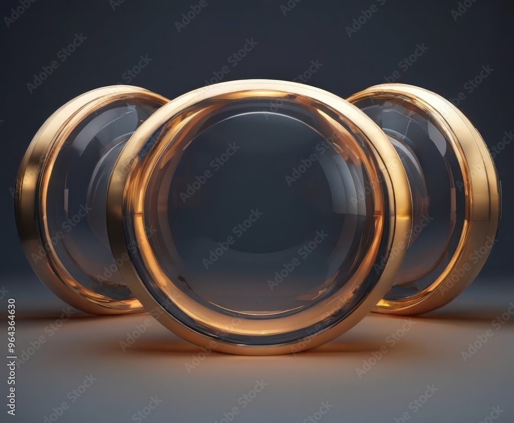 Poster three golden spheres with reflective surfaces are arranged in a triangular formation against a dark 
