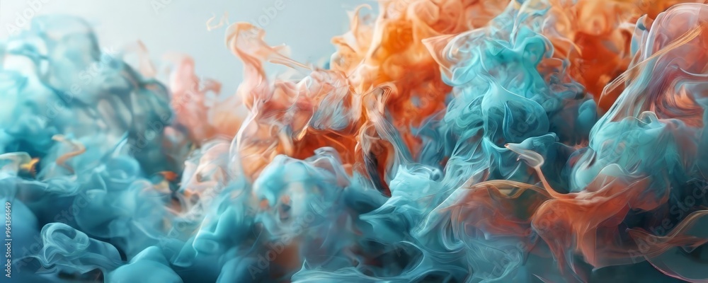 Poster a swirling pattern of blue and orange smoke or vapor, creating a dynamic and abstract visual effect.