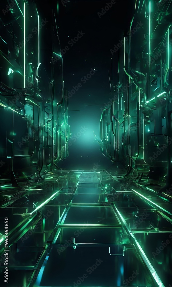 Poster futuristic cityscape, characterized by a grid-like pattern of glowing green lines and structures, cr