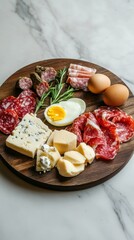 Charcuterie board with meats, cheeses, and boiled eggs. A high-protein, low-carb option for keto or carnivore diet followers.