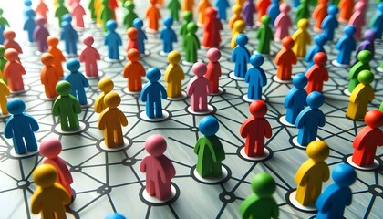 Colorful figurines connected by lines on a network grid illustrating concepts of social networking, community, connectivity, and teamwork in a digital era