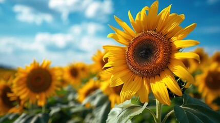 Obraz premium A field of sunflowers with a single yellow flower in the foreground