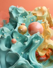 a digital art piece featuring a vibrant abstract composition of colorful spheres and waves in shades of blue, orange, and yellow against a gradient background.