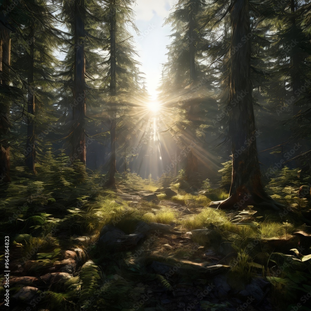 Poster a serene forest scene with sunlight filtering through the trees, casting dappled shadows and highlig