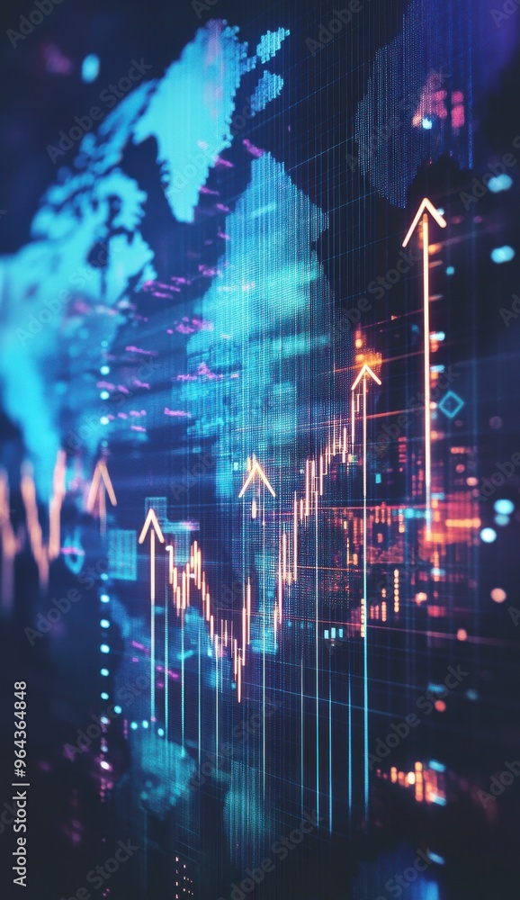 Poster digital financial chart with upward arrows on a global map background representing market growth and