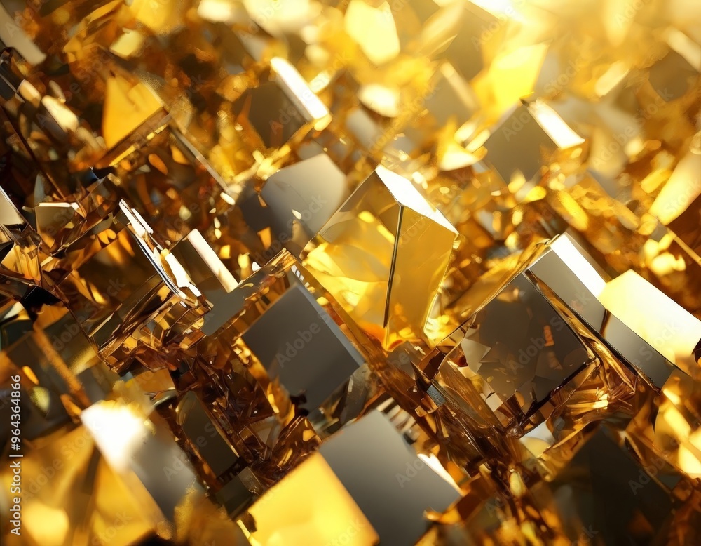 Poster a digital of a complex arrangement of golden cubes, each with a unique shape and size, creating a vi