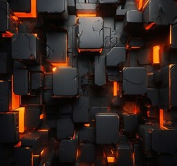 Obraz premium complex arrangement of black cubes, each with a unique shape and size, creating a visually striking and intricate pattern. The cubes are illuminated from within, casting a warm