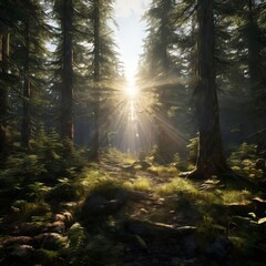 Fototapeta premium A serene forest scene with sunlight filtering through the trees, casting dappled shadows and highlighting the lush greenery.