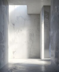 a minimalist architectural space with a concrete floor, white walls, and a large window on the left wall, allowing natural light to illuminate the room.