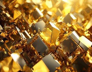 a digital of a complex arrangement of golden cubes, each with a unique shape and size, creating a visually striking and intricate pattern.