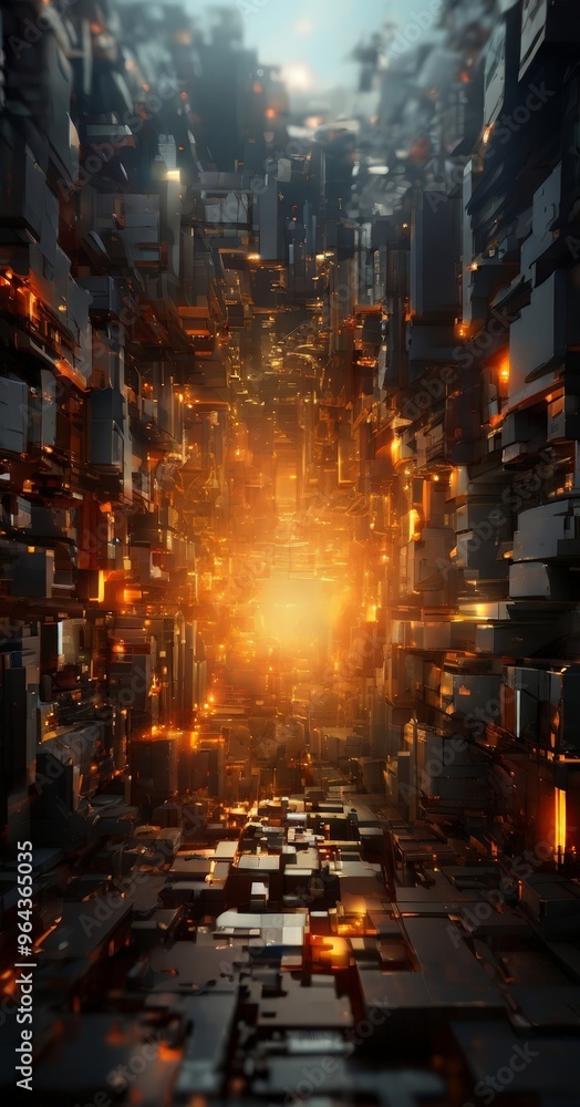 Aufkleber a futuristic cityscape with a complex network of buildings and structures illuminated by a bright, f