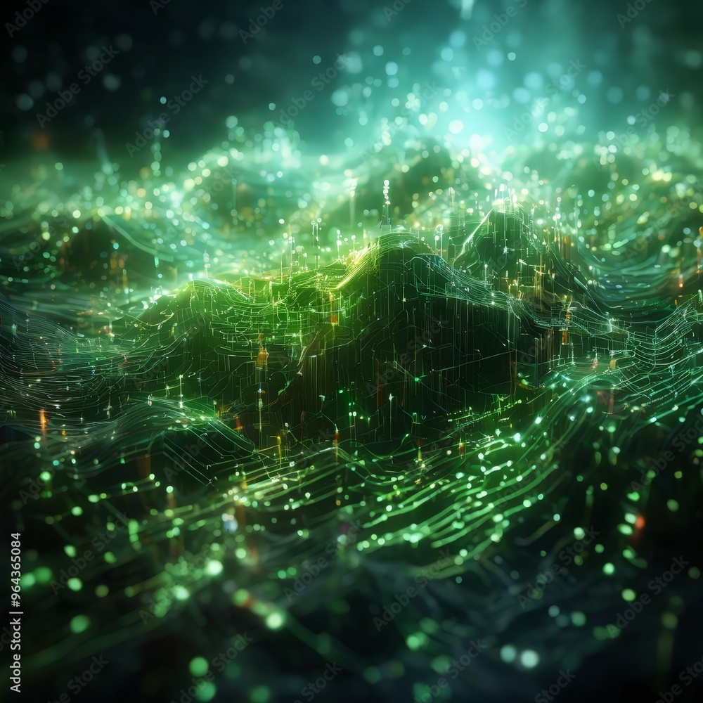 Poster a digital art piece featuring a complex network of interconnected lines and dots, creating a sense o