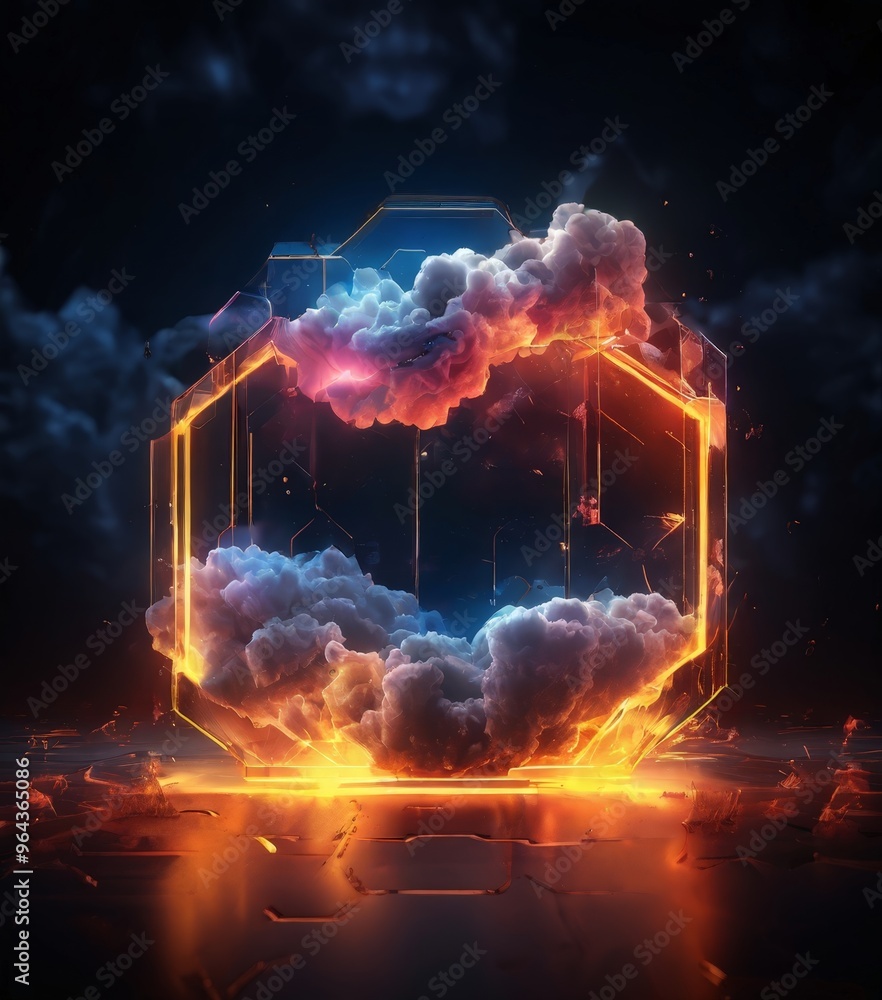 Poster a futuristic, hexagonal structure with a cloud-like formation at its center, illuminated by a radian