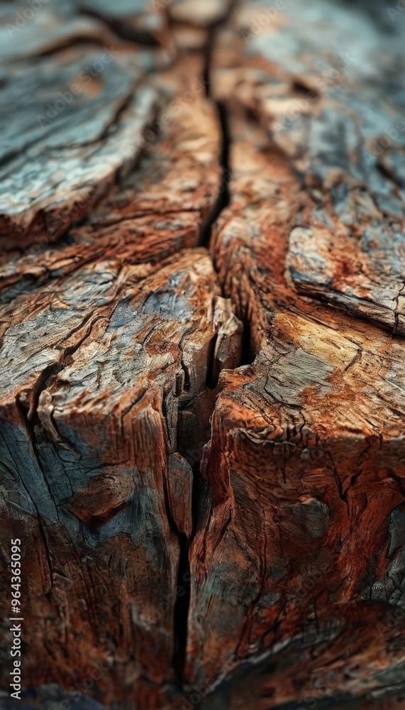 Poster a close-up view of a weathered tree trunk, showcasing the intricate patterns and textures of the woo
