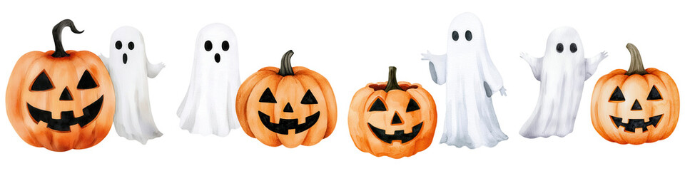 A festive Halloween scene featuring playful ghosts and smiling pumpkins, perfect for seasonal decorations and celebrations.