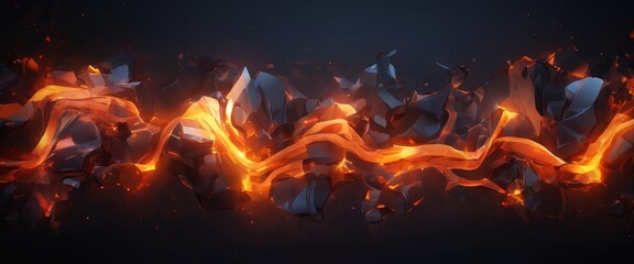 a fiery, abstract composition of black, gray, and orange shapes, with a dark background and a sense of movement and energy.