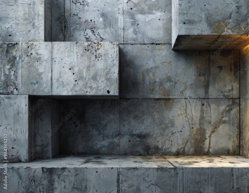 Poster a close-up view of a concrete wall with a series of stacked cubes, creating a geometric pattern. the