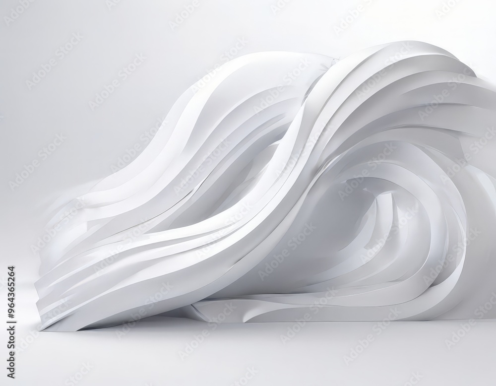 Poster a white, abstract sculpture composed of curved, overlapping lines that create a sense of movement an
