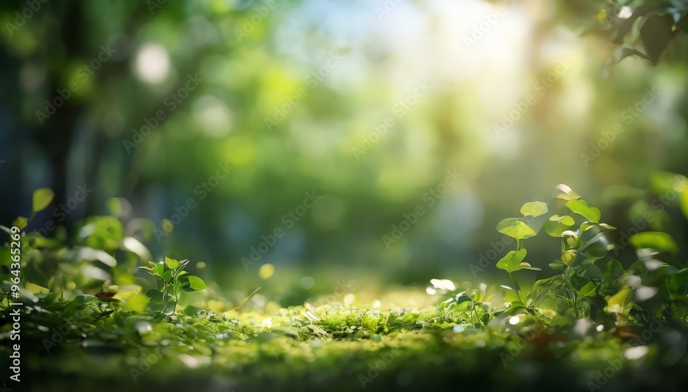 Poster a lush, verdant forest scene with sunlight filtering through the trees, casting dappled shadows and 