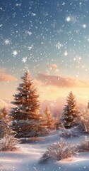 Fototapeta premium A serene winter landscape features snow-covered pine trees and a glowing sunset sky, with snowflakes gently falling.