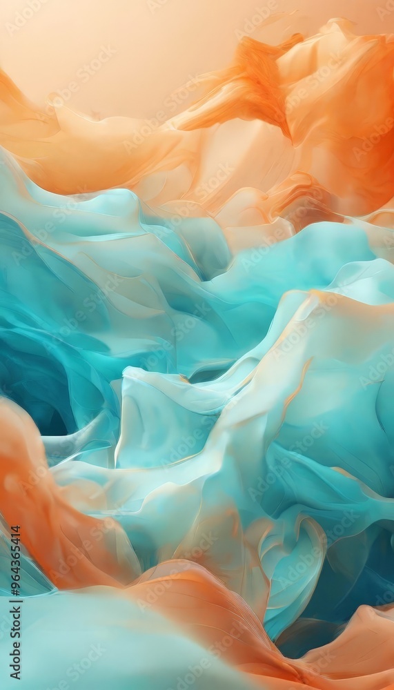 Poster vibrant abstract composition of flowing, swirling patterns in shades of orange and blue, creating a 