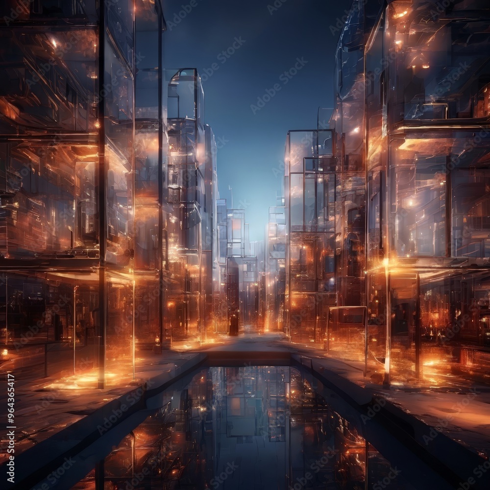 Poster a futuristic cityscape with towering glass and steel structures reflecting the warm glow of the sett