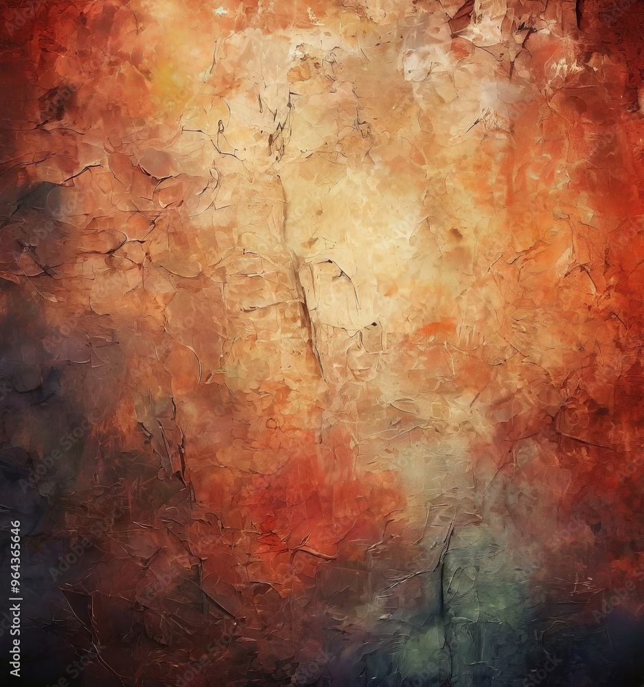 Poster an abstract painting featuring a textured surface with a warm, fiery color palette. the dominant col