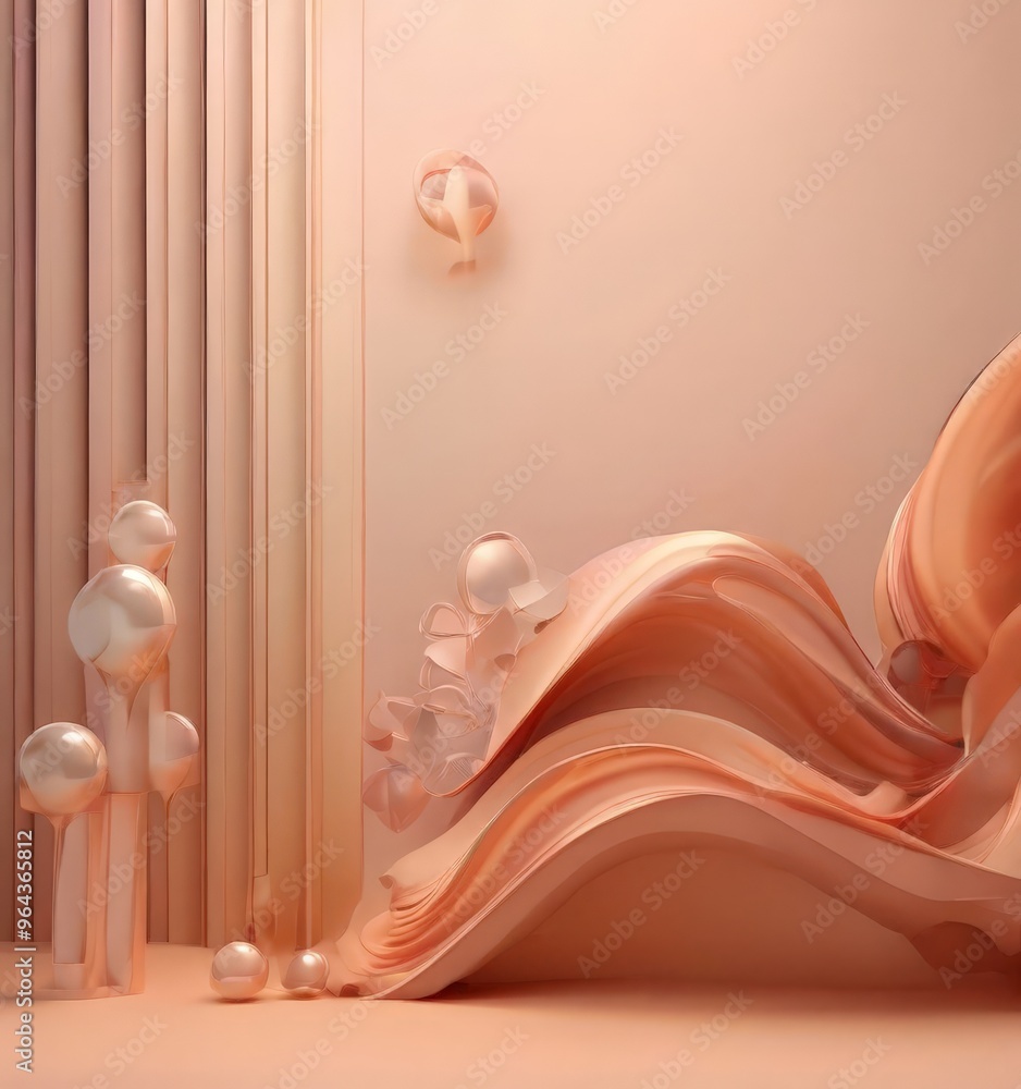 Poster a surreal, abstract scene with a wave-like structure composed of numerous white spheres, some floati