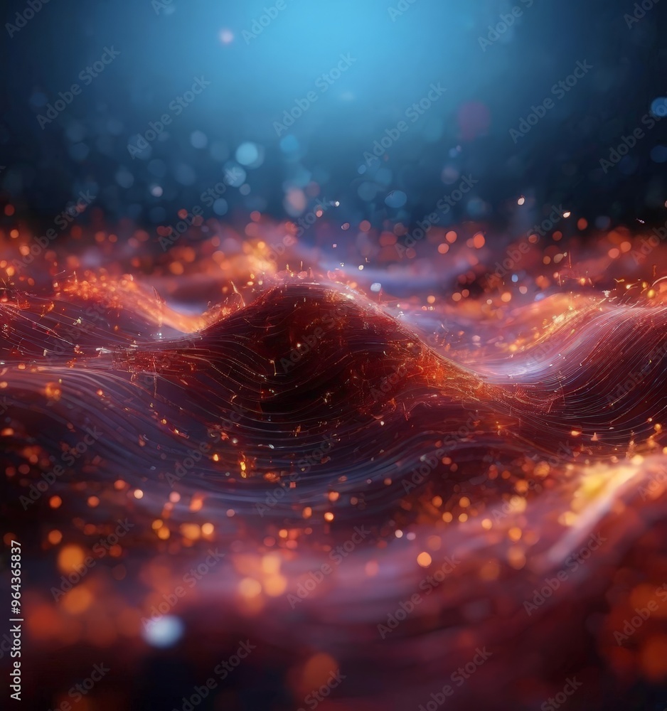Poster a digital artwork of a wave-like pattern with a gradient of red and orange hues, accompanied by a bl