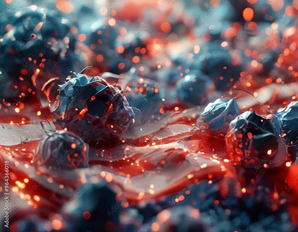 Poster a close-up view of a textured surface with a mix of blue, red, and orange hues, creating a dynamic a