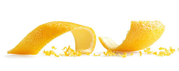 Fresh zest lemon peel isolated on white background.