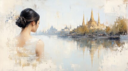 Fototapeta premium A serene scene of a woman gazing over a tranquil river, with majestic temples reflecting in the water, evoking peace and beauty.