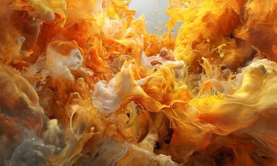 a digital artwork depicting a swirling, fiery abstract pattern composed of various shades of orange, yellow, and white.