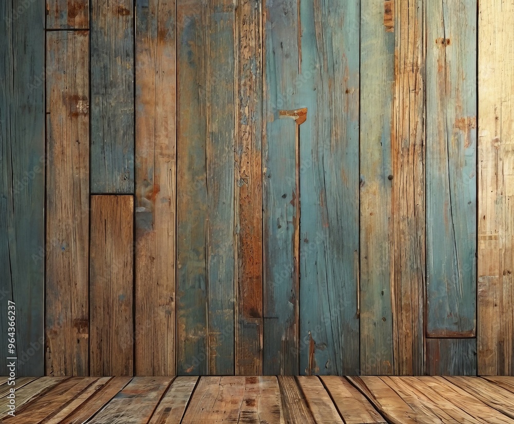 Poster an image of a weathered wooden wall with vertical planks in various shades of blue and brown, creati