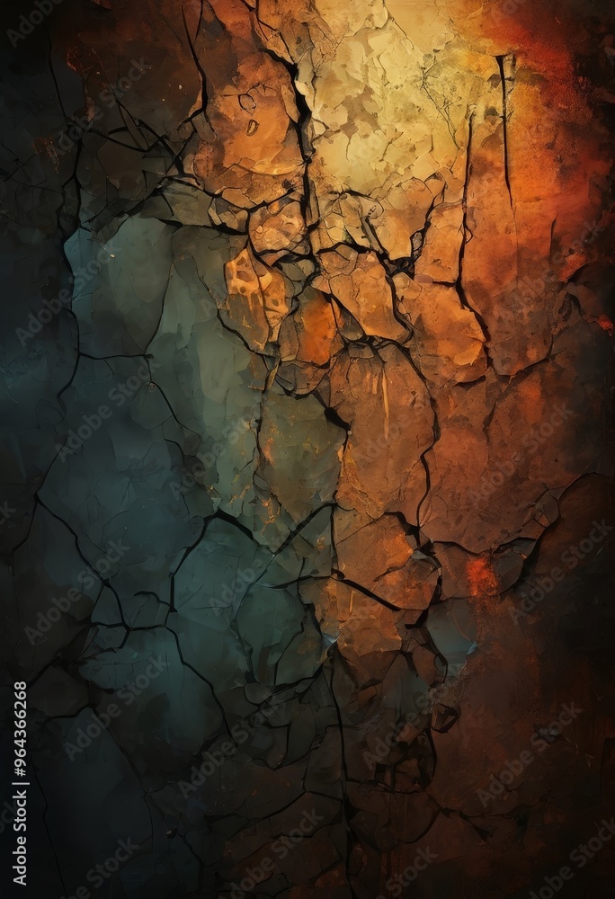 Poster a textured, cracked surface with a gradient of colors, transitioning from warm orange to cool blue, 