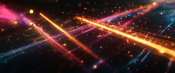 Obraz premium a dynamic scene of light and color, with streaks of orange, blue, and pink radiating across the frame, creating a sense of movement and energy.