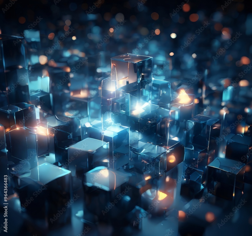 Poster a futuristic cityscape composed of numerous transparent cubes, each emitting a soft glow that illumi