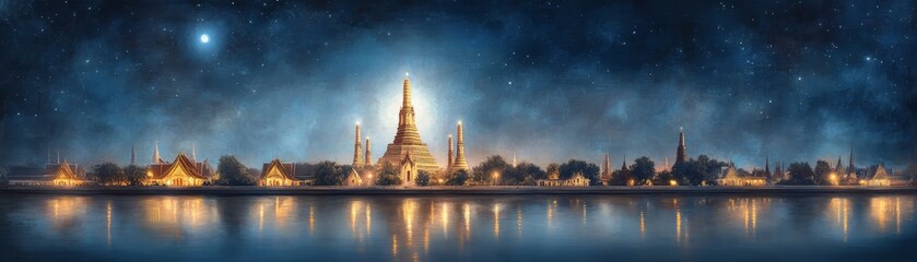 Obraz premium Enchanting city skyline illuminated by stars, reflecting in calm waters under a deep blue night sky, creating a serene atmosphere.