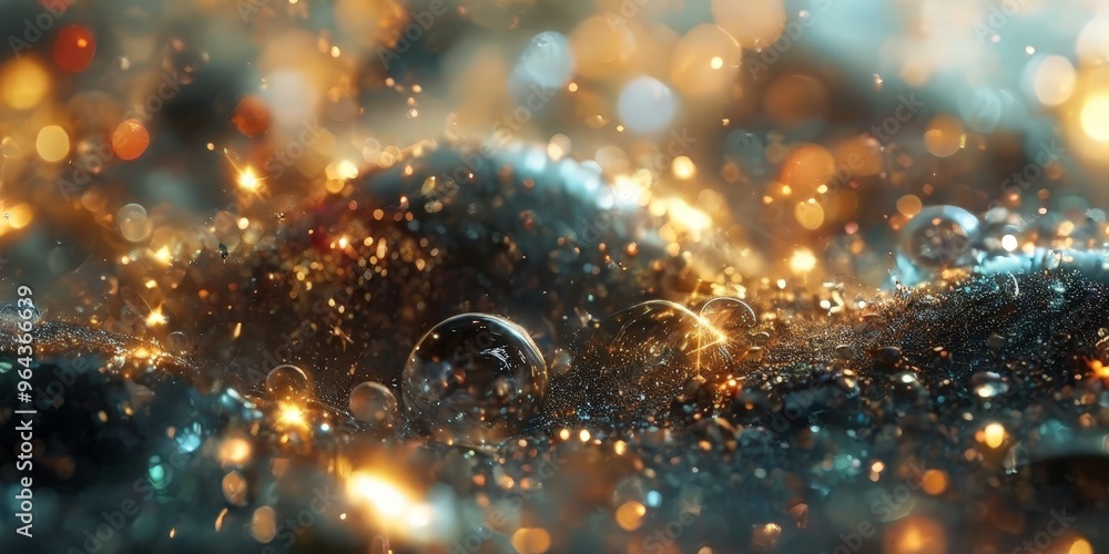 Poster close-up view of a water droplet resting on a surface, with a blurred background that appears to be 