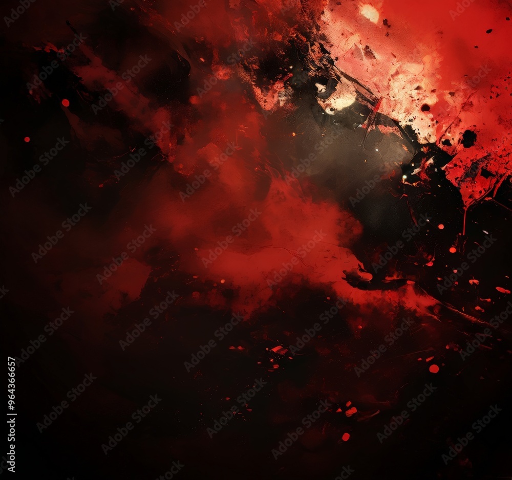 Poster a digital art piece featuring a dark, fiery red background with splashes of black and white, creatin