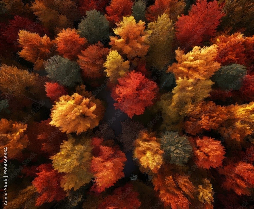 Poster aerial view of a forest with trees displaying vibrant autumn colors.